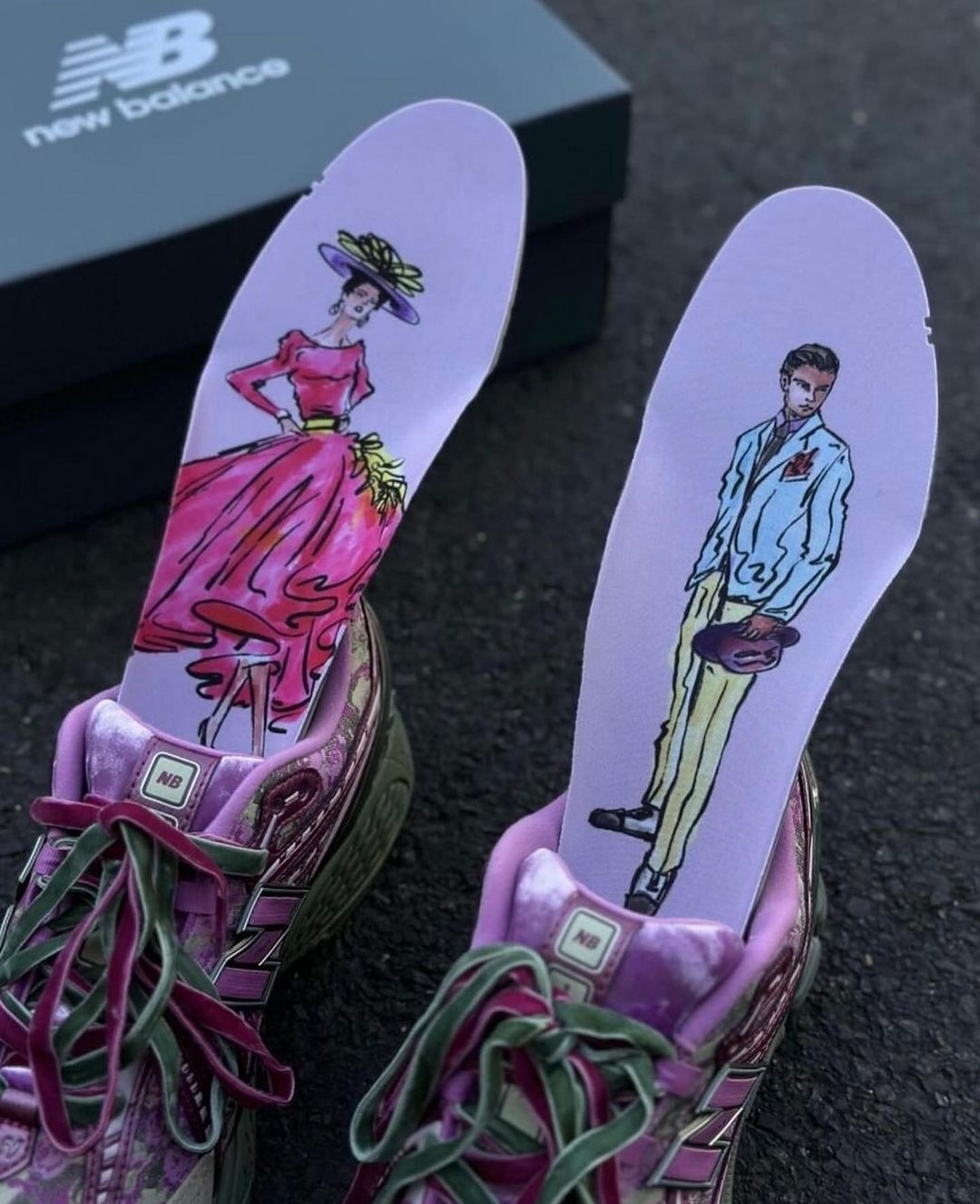 Illustrated insoles with a woman in a dress and a man in a suit against a purple background, atop New Balance shoes