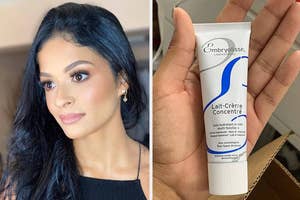 Woman with makeup facing slightly left, tube of Embryolisse Lait-Crème Concentré in focus to the right