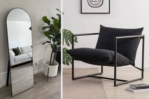Modern full-length mirror next to a plant and minimalist chair with a cushion on a rug, for home decor inspiration