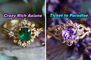 On the left, an emerald ring labeled Crazy Rich Asians, and on the right, an amethyst ring labeled Ticket to Paradise