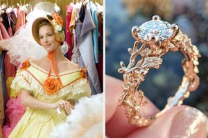 On the left, Katherine Heigl wearing a Southern belle style dress as Jane in 27 Dresses, and on the right, someone holding a vintage style diamond ring