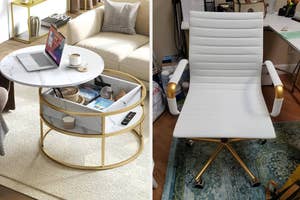 Modern home office setup with a round table, laptop, and a white office chair with gold accents