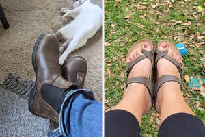 on left: reviewer wearing Blundstone boots, on right: reviewer wearing flat sandals with buckle straps