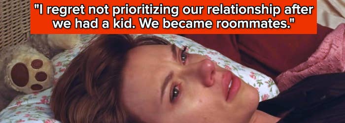 "I regret not prioritizing our relationship after we had a kid. We became roommates" over a sad couple in bed with their kid