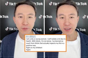 Man in front of TikTok interface with text overlay sharing personal thoughts on isolation and TikTok's impact