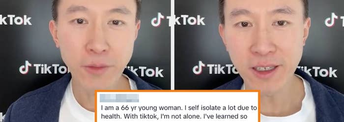 Man in front of TikTok interface with text overlay sharing personal thoughts on isolation and TikTok's impact