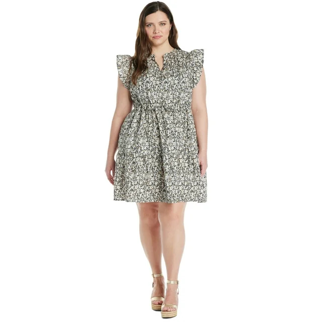 Model in a floral print knee-length dress with cap sleeves and a cinched waist
