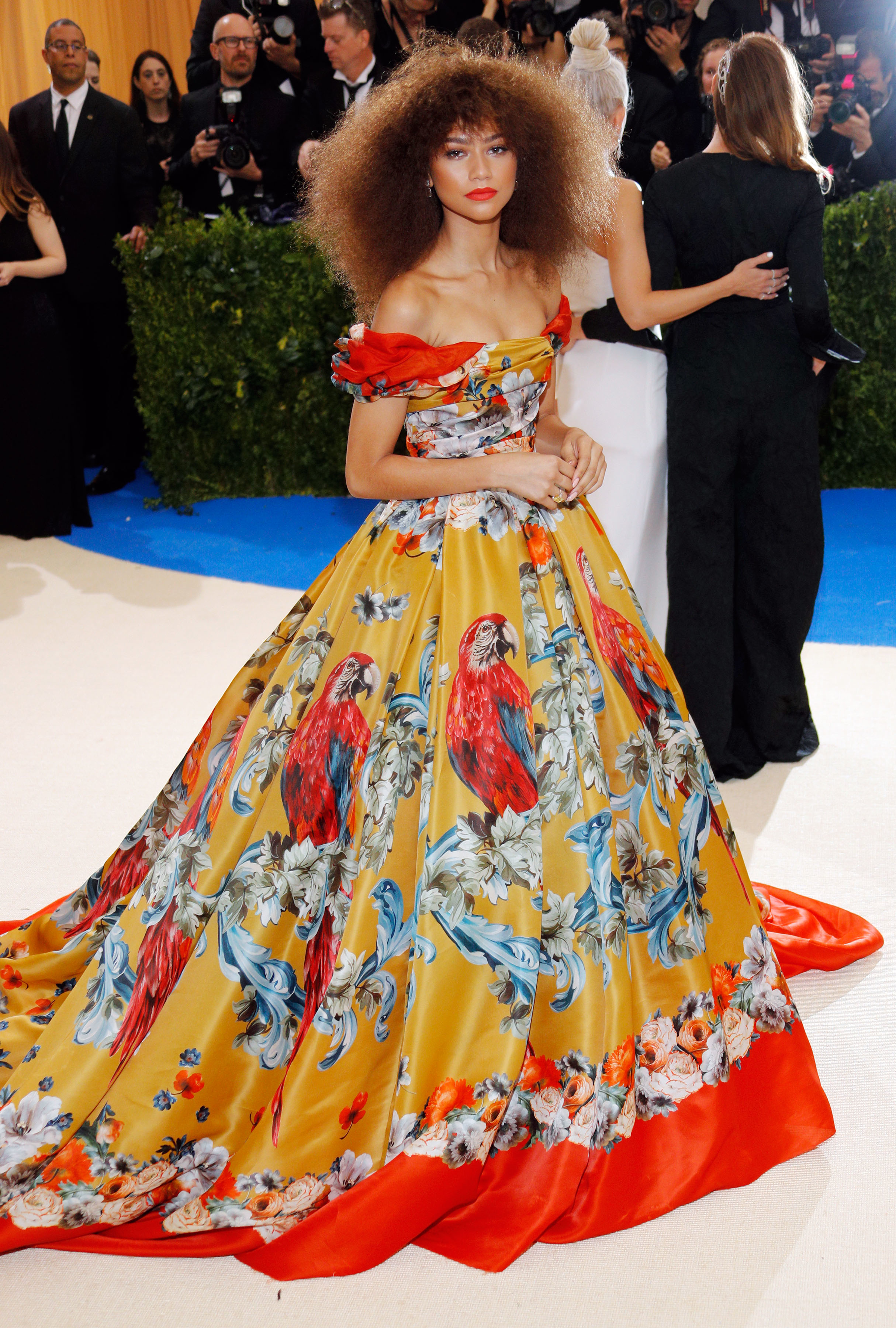 Zendaya in a Dolce &amp;amp; Gabbana ball gown with a parrot print and off-shoulder detail at the Met Gala
