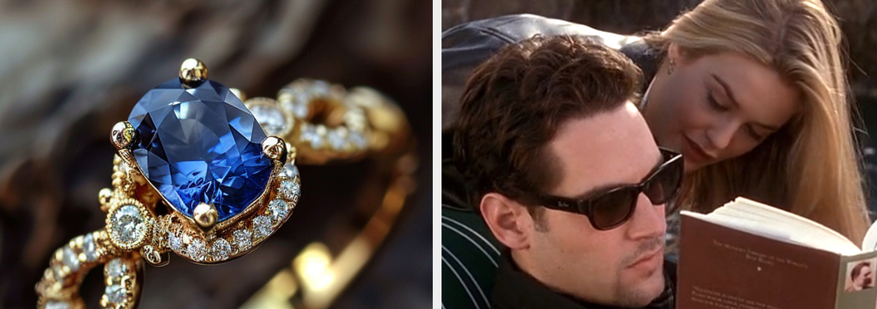 On the left, a sapphire ring, and on the right, Cher and Josh from Clueless
