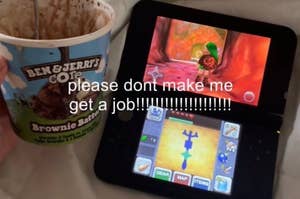 A Nintendo 3DS lays open on a set of bed sheets, displaying "The Legend of Zelda: Ocarina of Time" alongside an open container of Ben & Jerry's Brownie Batter Core ice cream. Text over top reads "please don't make me get a job!"