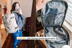 Reviewer showing a beige backpack. An inset shows the backpack's interior. Text: 5-star review "This bag is amazing and you need it!"