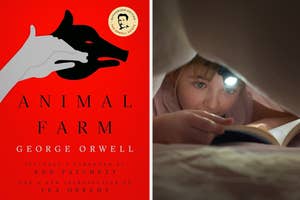Book cover of "Animal Farm" by George Orwell next to a child reading under a blanket with a flashlight