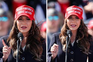 Woman in "Make America Great Again" hat speaking at a podium with a mic, gesturing with her right index finger