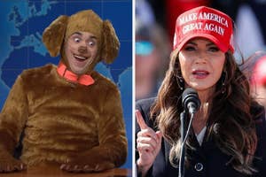 Person in dog costume on left; person in "Make America Great Again" cap on right speaking into a microphone