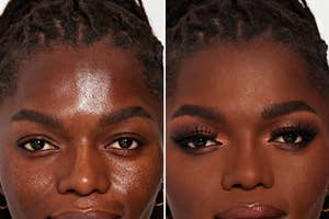 model with oily skin then model with full face of matte makeup