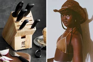 on the left a zwilling knife set, on the right a tan bikini top
