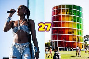 Two images: Left, Coco Jones in a bejeweled crop top and jeans. Right, people near a circular building with rainbow panels at Coachella.