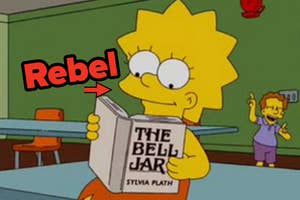 Lisa Simpson in a classroom reading "The Bell Jar" by Sylvia Plath, with the word "Rebel" overlaid