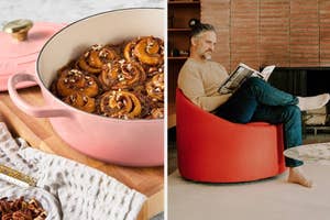 on the left a pink wide le creuset Dutch oven, on the right a red floyd swivel chair