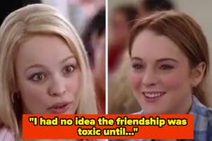 Two women conversing, one shocked, with a caption about realizing a toxic friendship