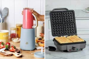 Two kitchen appliances: a blender and a waffle maker, suggesting cooking at home