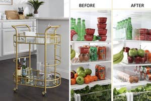 A gold bar cart with glass shelves and a before-and-after comparison of a fridge organization system