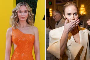 Two images side by side of Emily Blunt, left in an orange dress on the red carpet, right whispering with hands near mouth