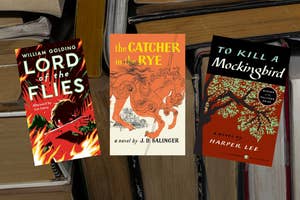 Three books titled "Lord of the Flies," "the Catcher in the Rye," and "To Kill a Mockingbird" displayed overlaid on books.