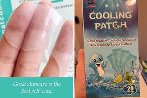 Packaging and contents of a skincare cooling patch product, with a cartoon seal and text highlighting uses like soothing headaches
