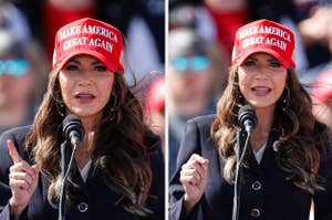 Woman in "Make America Great Again" hat speaking at a podium with a mic, gesturing with her right index finger