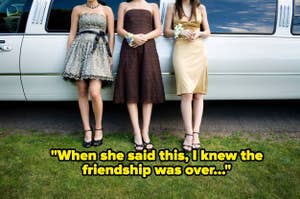 Three women in formal attire standing beside a limousine with overlay text about a friendship ending