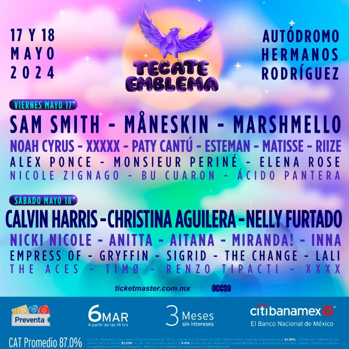 Cartel del festival de música Tecate Emblema con fechas, lista de artistas como Christina Aguilera y Nelly Furtado, y patrocinadores