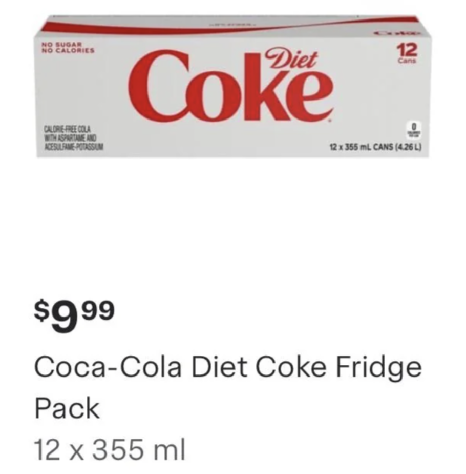A 12-pack of Coca-Cola Diet Coke displayed with price tag &quot;$9.99&quot;; product details included