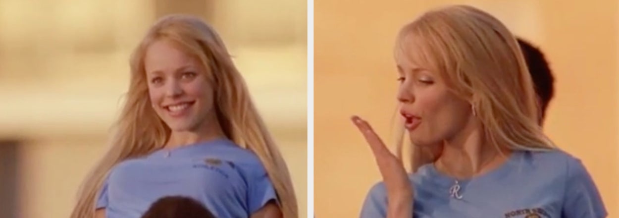 Two scenes with Regina George from Mean Girls; left shows her atop a crowd, right is mid-speech in a sports tee