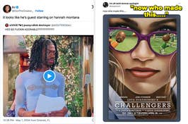 Video thumbnail of a person in a sequined top holding paper; poster of a woman with sunglasses reflecting a palm tree