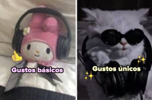 Un meme con dos imágenes: a la izquierda, un peluche de Hello Kitty con auriculares y pulgar arriba, texto "Gustos básicos". A la derecha, un gato con gafas de sol y auriculares y estrellas, texto "Gustos únicos"