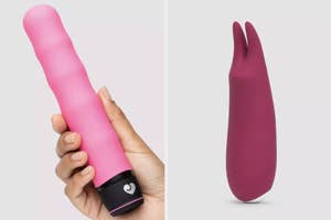 Hand holding a pink cylindrical personal massager, next to a purple clitoral stimulator. Both designed for ergonomic use