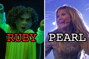 On the left, Camilo from Encanto singing We Don't Talk About Bruno labeled ruby, and on the right, Lizzie McGuire singing What Dreams Are Made Of labeled pearl