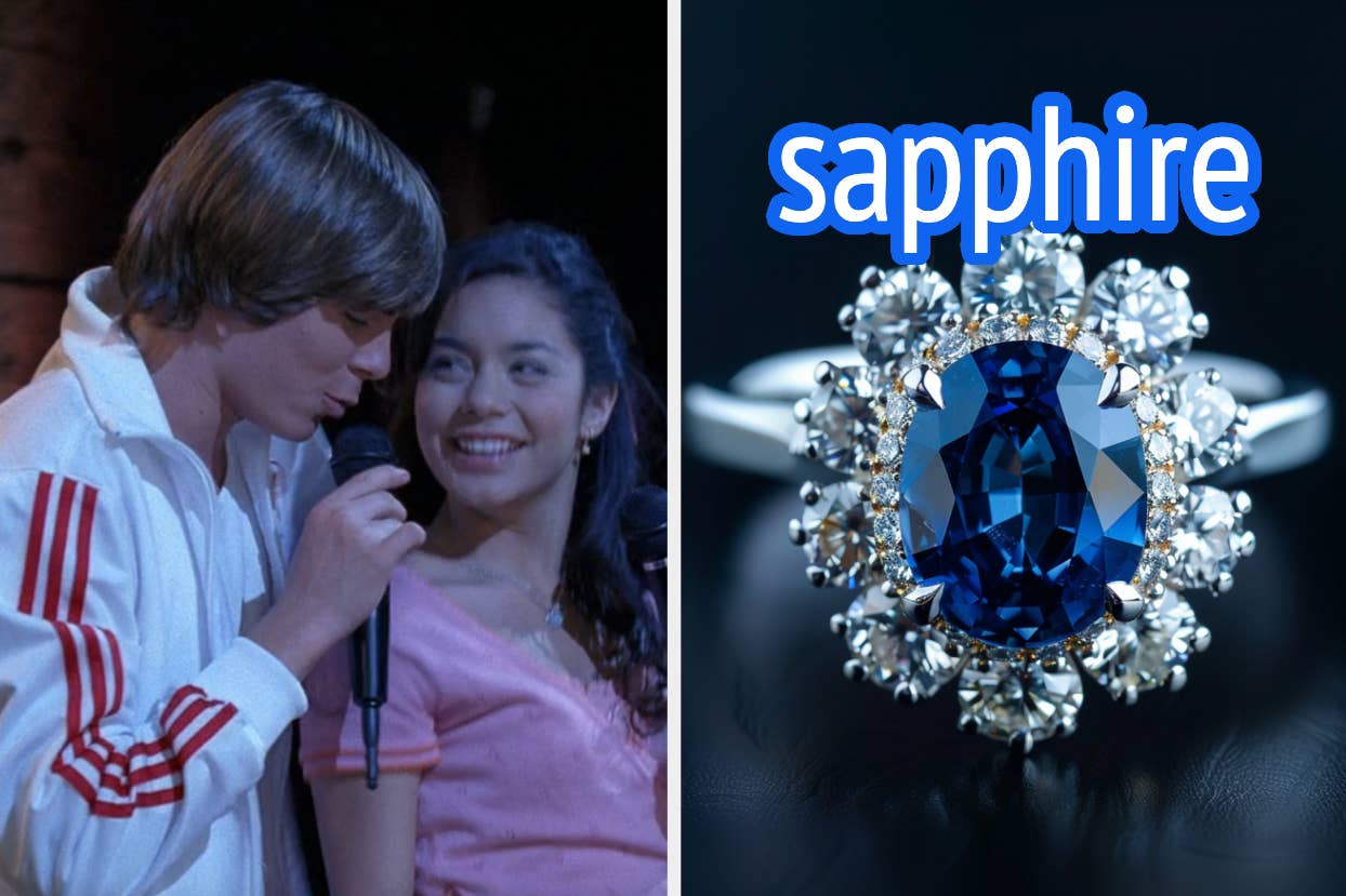 On the left, Troy and Gabriella from High School Musical singing Breaking Free, and on the right, a sapphire ring