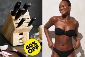 on the left a swilling knife set in a wood block, on the right a black ribbed bandeau bikini top