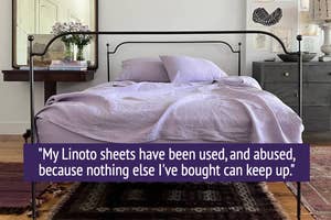 bed made with purple linen sheets with quote "My Linoto sheets have been used, and abused, because nothing else I've bought can keep up"
