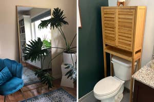 A split image showing a full-length mirror in a room and a bamboo bathroom shelf unit over a toilet