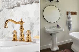 Two bathrooms featuring a luxe gold faucet on the left and a simple, white pedestal sink on the right for style comparison