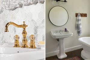 Two bathrooms featuring a luxe gold faucet on the left and a simple, white pedestal sink on the right for style comparison
