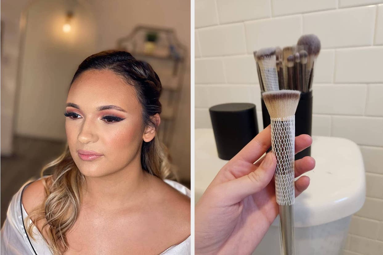 on left: reviewer wearing dark pink eyeshadow, on right: reviewer holding makeup brush