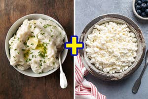 A bowl of mashed potatoes beside a bowl of cottage cheese, indicative of meal options or dietary choices