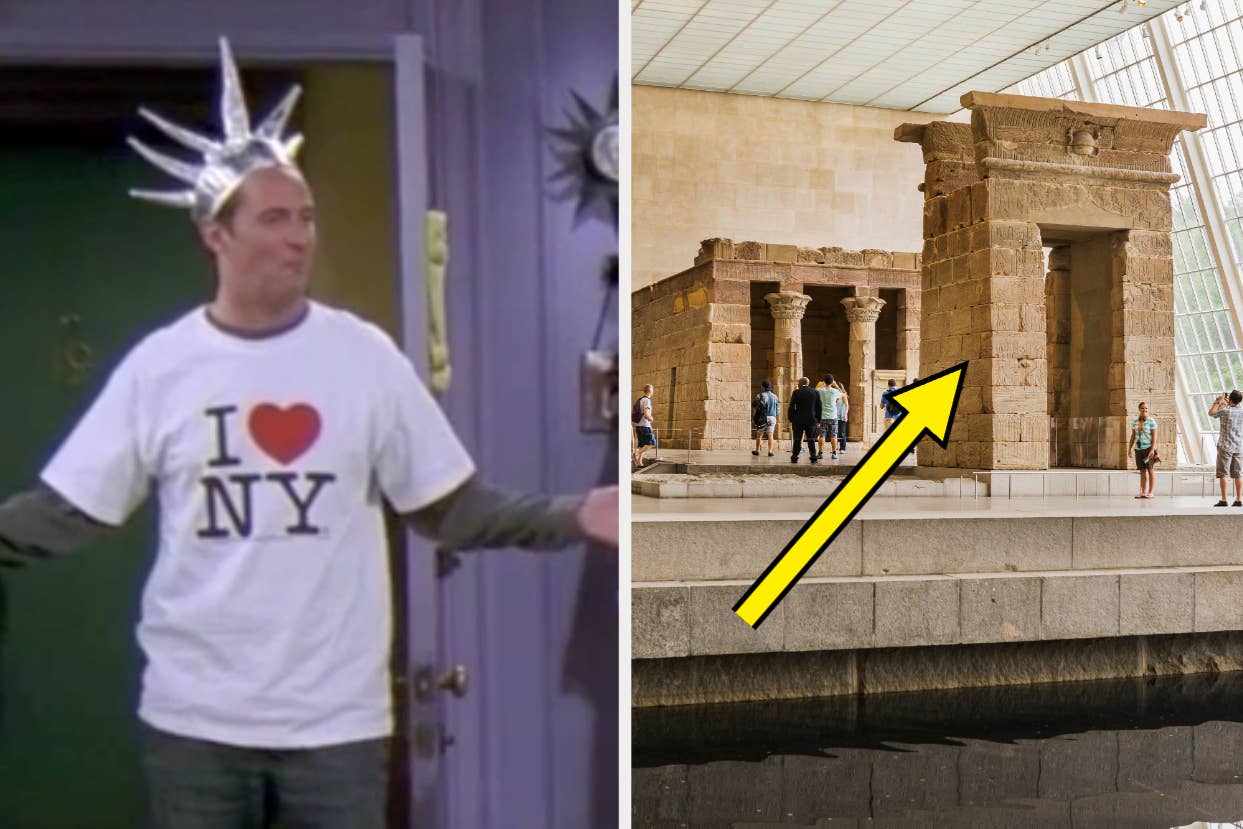 Left: A person wearing an "I love NY" t-shirt and a spiked headband. Right: People visiting an ancient Egyptian temple structure