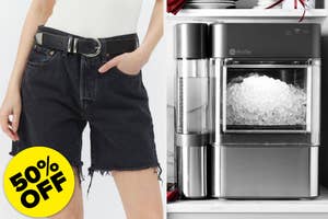 on the left black cutoff levi's 501 shorts, on the right a nugget ice maker