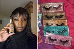 on left: reviewer holding tinted serum, on right: false eyelashes in sparkly cases