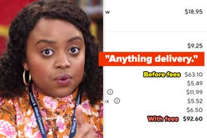 Woman with surprised expression, ad for "Anything delivery" with a before-and-after fees price comparison